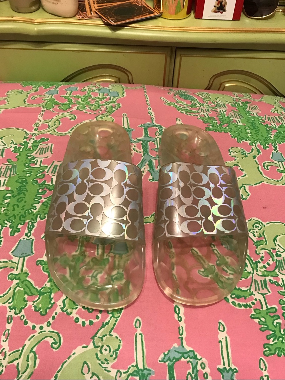 Coach Ugo holographic Iridescent clear rubber jelly slides size 9